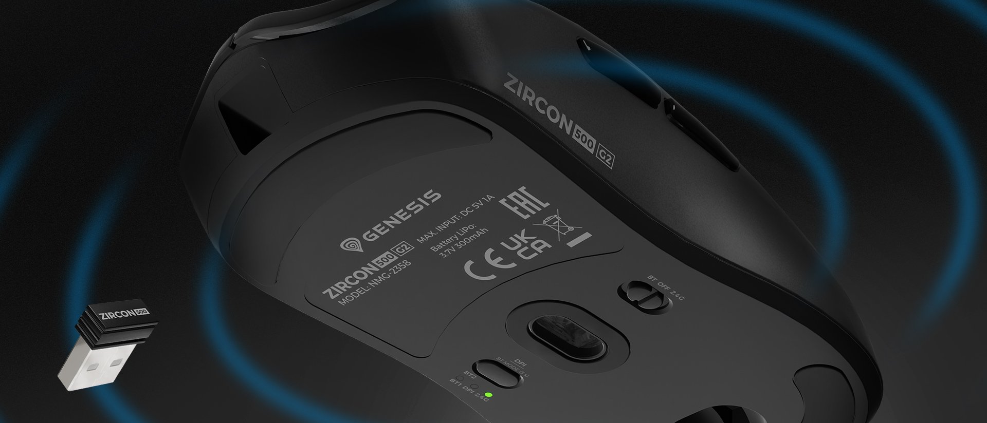 Bezprzewodowa mysz gamingowa Genesis Zircon 500 G2 w kolorze czarnym, wyposażona w precyzyjny sensor 10 000 DPI i odbiornik USB.