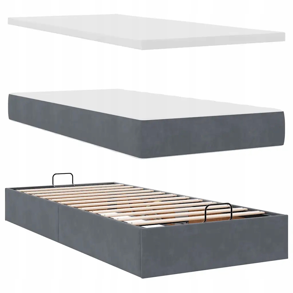 Rama łóżka otomana z materacem, szara, 90x200 cm, aksamit – Komfort i styl w Twojej sypialni
