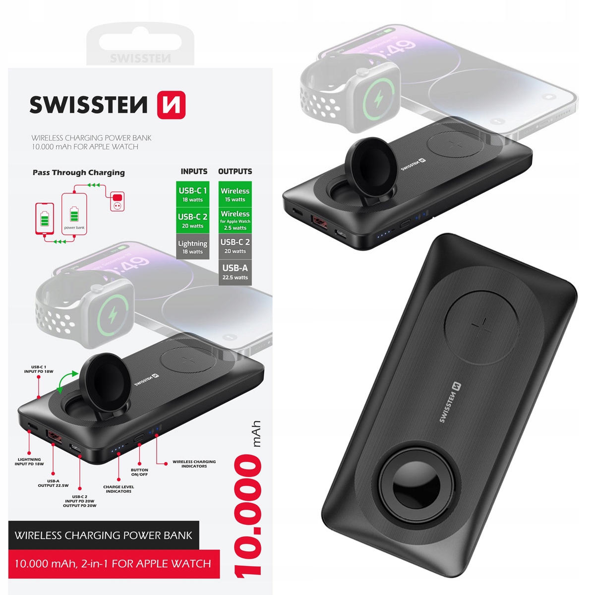 Powerbank Swissten Power Bank 10000 mAh 2w1 dla Apple Watch i MagSafe – Niezawodne zasilanie w podróży