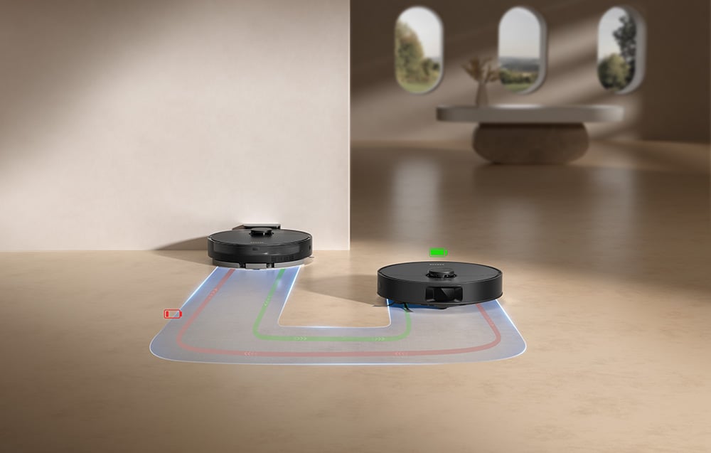 Wizualizacja przedstawiająca automatyczny powrót robota sprzątającego Dreame D20 do stacji dokującej