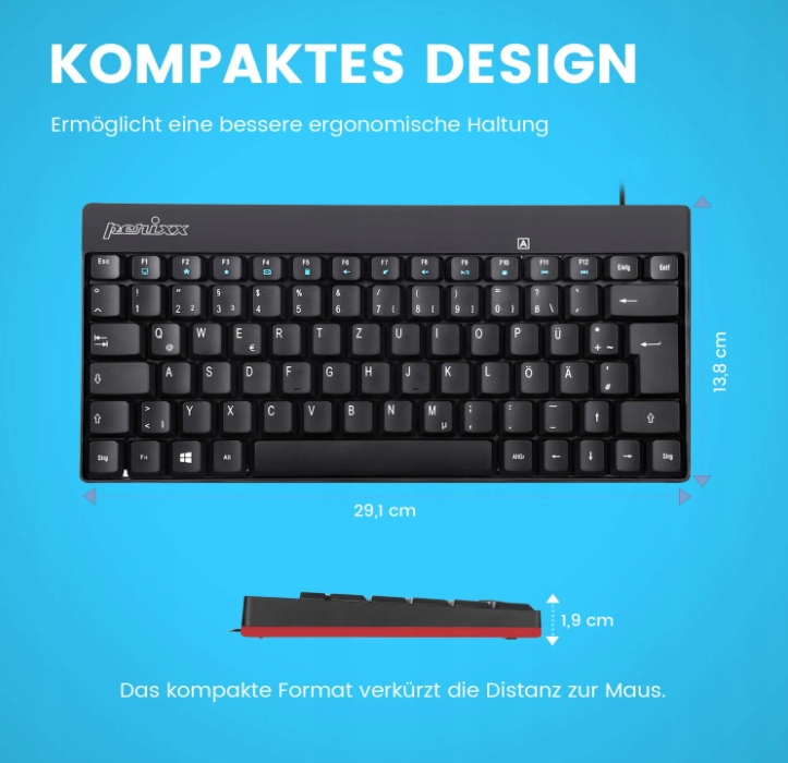 Wymiary i specyfikacja klawiatury Perixx PERIBOARD-422 DE