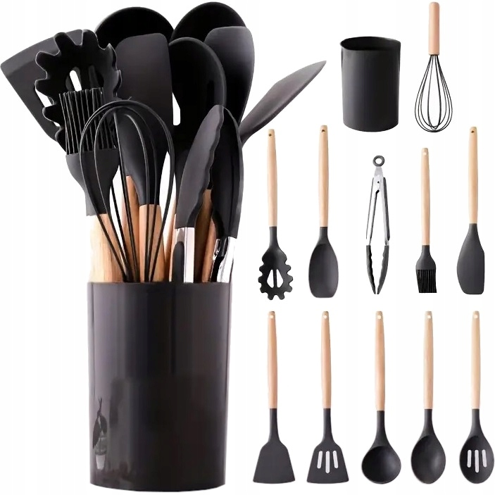 Przybory kuchenne drewniane ze stojakiem zestaw 12-ele BRUNBESTE BB-3462 – Niezbędne akcesoria do każdej kuchni