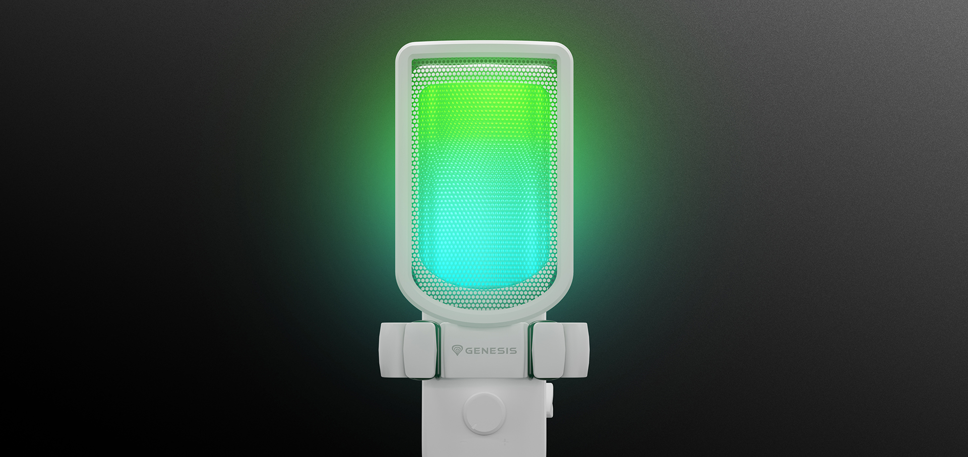 Biały mikrofon USB z żywą zieloną i niebieską poświatą, zamontowany na stojaku na ciemnym tle