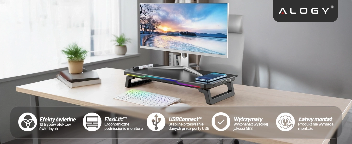 Podstawka pod monitor z lampką listwą świetlną RGB z wejściami HUB USB – rozwiązanie dla Twojego biura