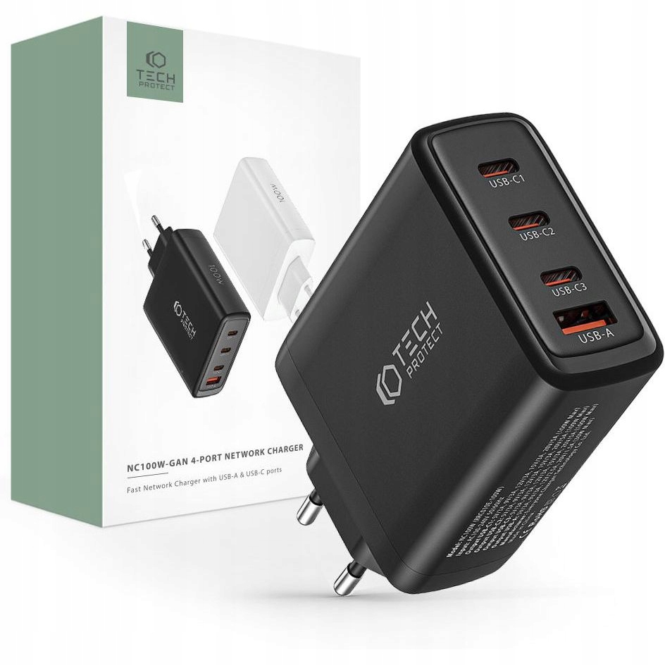 Ładowarka sieciowa Tech-Protect NC100W-GAN 4-portowa – Szybkie ładowanie dla wielu urządzeń