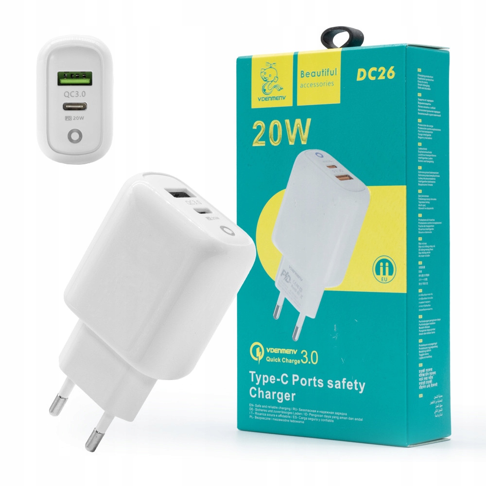 Ładowarka sieciowa DENMEN DC26 – Szybkie ładowanie dla dwóch urządzeń