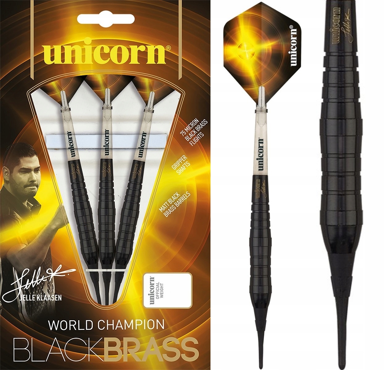 Rzutki soft tip Unicorn BLACK BRASS - Jelle Klaasen 19 g – Idealne dla każdego gracza