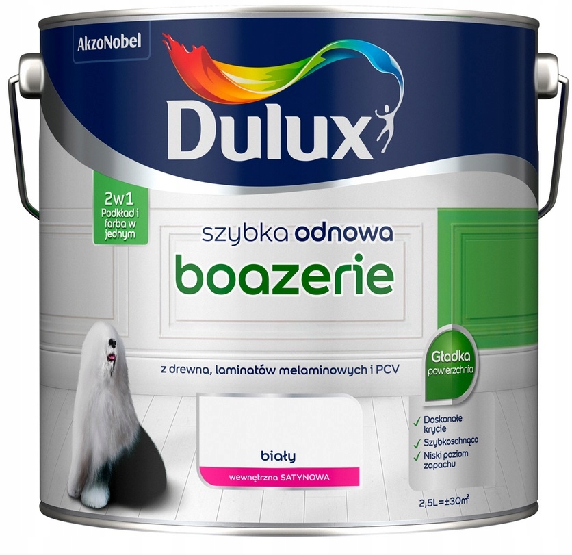 Dulux Szybka Odnowa farba renowacyjna do boazerii Biały satynowy 2,5L – Idealne rozwiązanie dla Twojego wnętrza