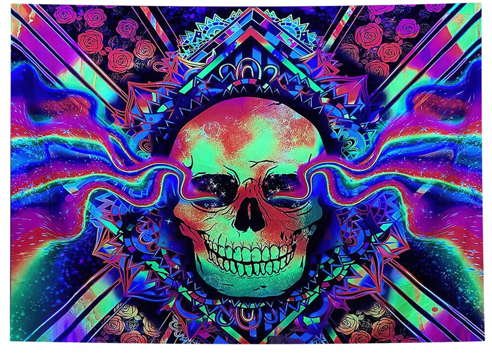Dekoracja ŚCIENNA UV OBRAZ Fluorescencyjny GOBELIN ODBLASK 150x150cm Czacha – Wyjątkowa dekoracja do Twojego wnętrza