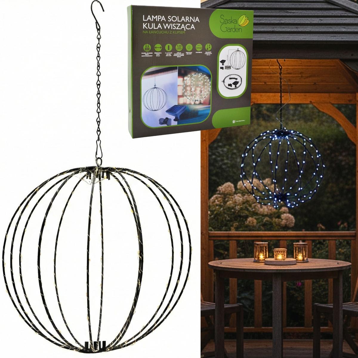 Lampa Solarna Wisząca Kula 30CM 120 LED Zimny Biały – Nowoczesne oświetlenie do ogrodu