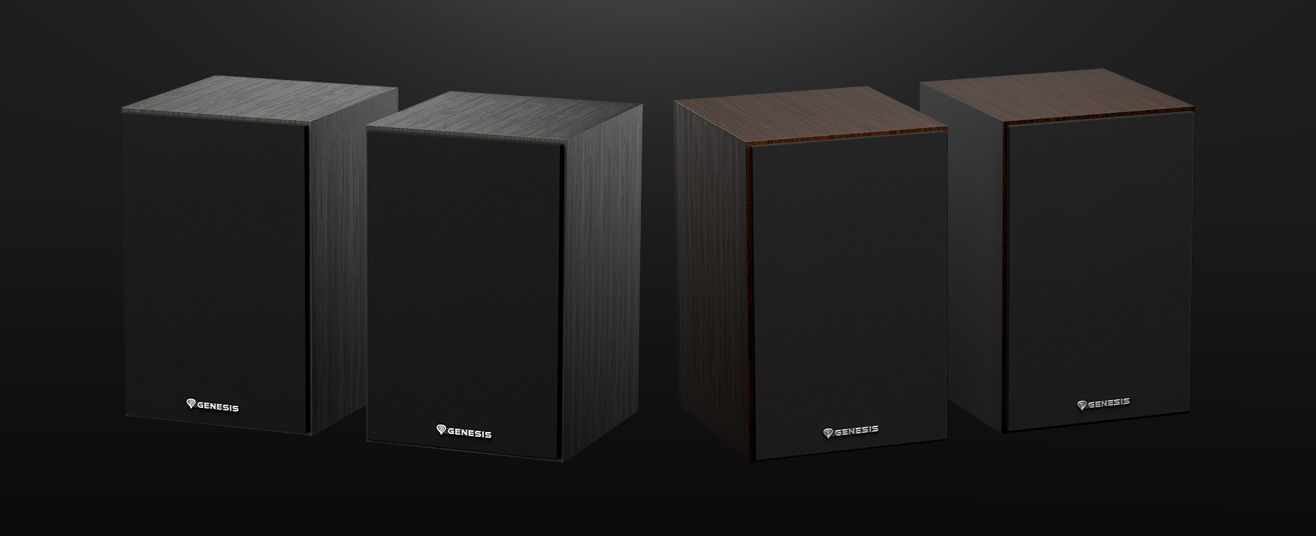 Czarno-brązowe głośniki Genesis Arsen 302BT 2.0 w parze, prezentujące elegancki, nowoczesny design.