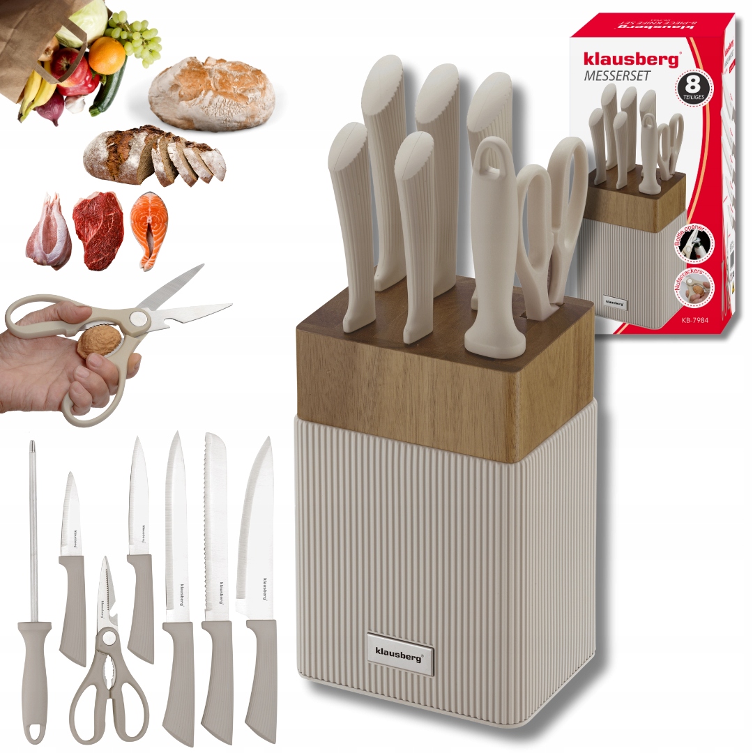 Zestaw noży w bloku akacjowym KLAUSBERG KB-7984 – Elegancja i funkcjonalność w Twojej kuchni