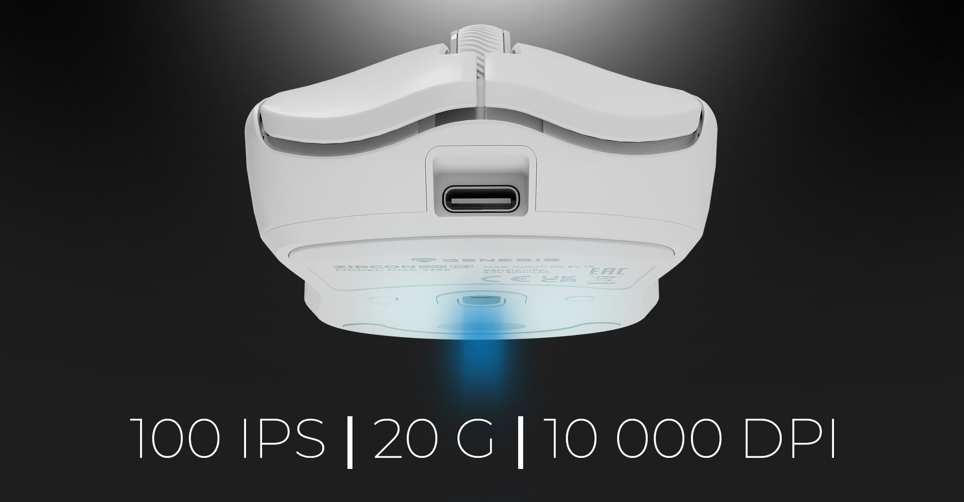 Bezprzewodowa mysz do gier w kolorze białym, wyposażona w port USB-C, ze specyfikacjami wydajności 100 IPS, 20 G i 10 000 DPI wyświetlanymi poniżej