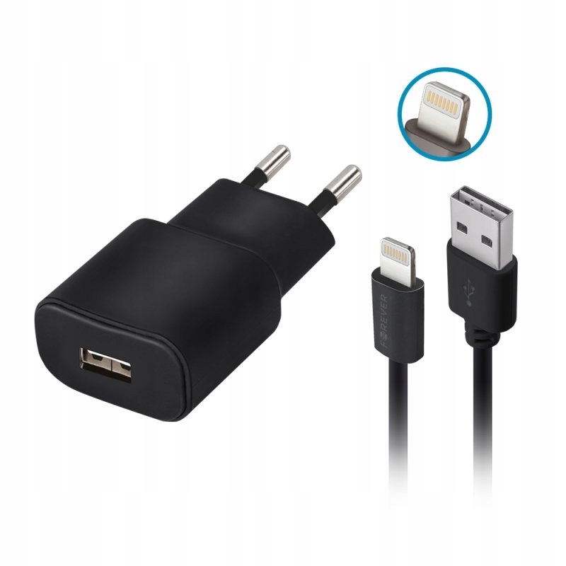 Ładowarka sieciowa Forever TC-01 1x USB 2A czarna + kabel Lightning – Idealne rozwiązanie do ładowania