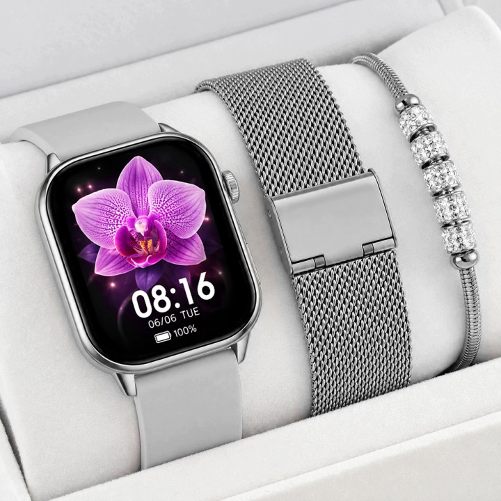 Zestaw damski zegarek Smartwatch F42 - GPS - szary/srebrny + bransoletka