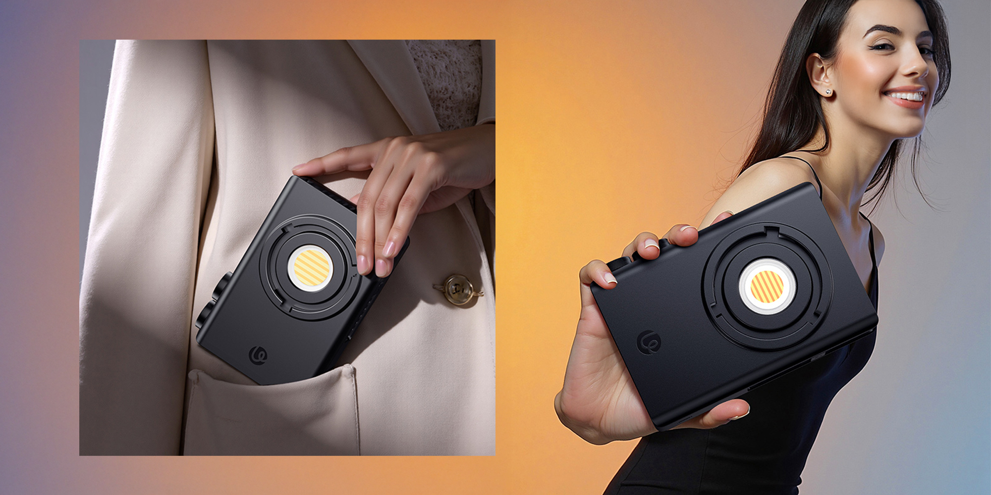 width=100% Lampa LED Ulanzi C01 - WB (2700 K - 6500 K) na 2 zdjęciach - wkładana do kieszeni oraz trzymana w dłoni