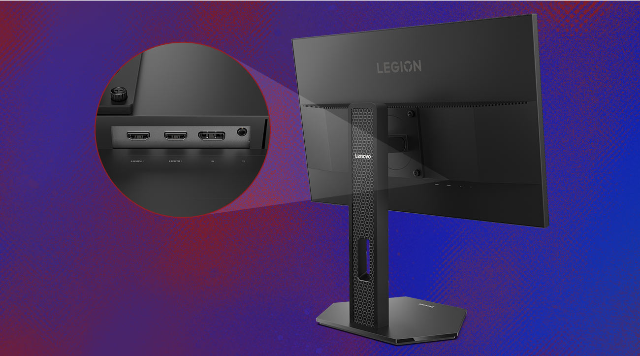 Monitor Lenovo Legion 24-10 tyłem, widoczne porty i gniazda na  miniaturowym zdjęciu obok