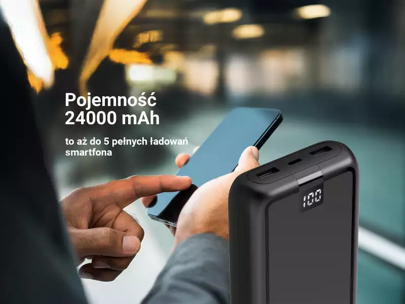 Powerbank o pojemności 24000 mAh zapewnia nawet 200 godzin dodatkowej mocy
