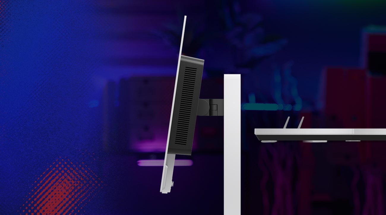 Monitor Lenovo Legion Pro 27UD-10 bokiem, pokazane możliwości regulacji kąta nachylenia 