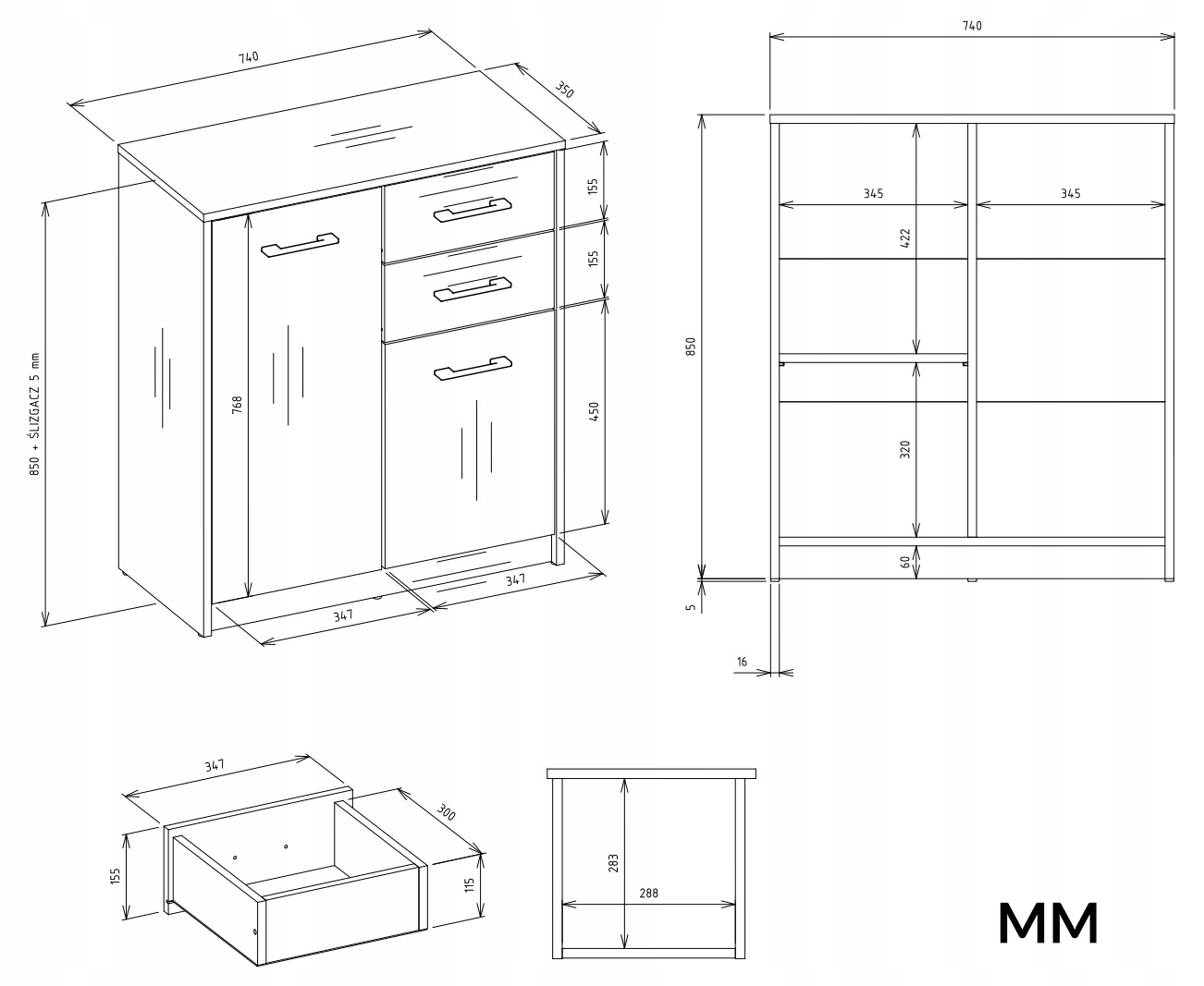 Wymiary komody SIMPLO 2D2S – idealne dopasowanie do każdego pomieszczenia