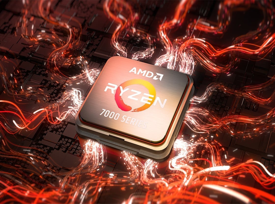 Płytka procesora z widocznym logotypem AMD Ryzen, w tle wizualizacja - pomarańczowe i żółte smugi 