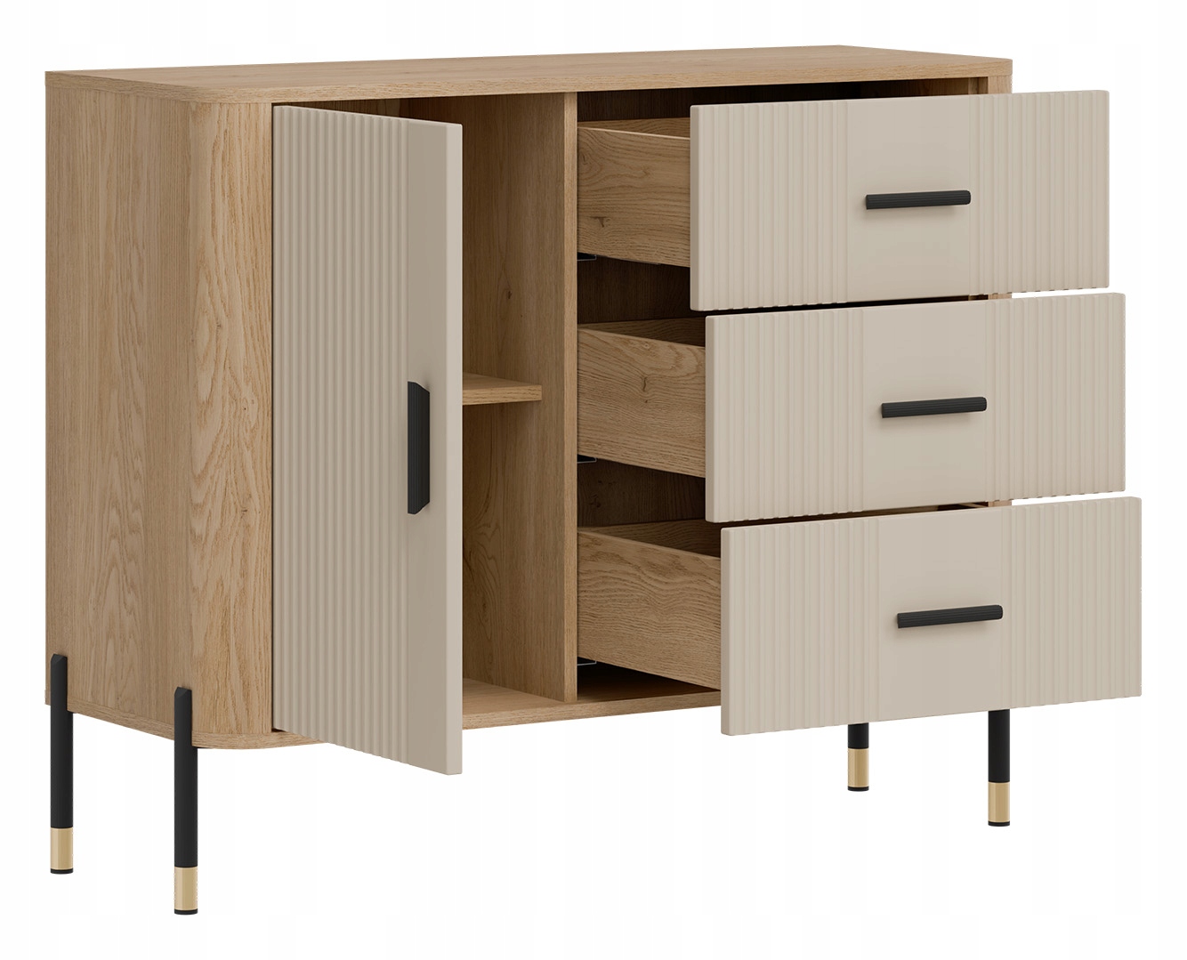 Komoda Szafka jednodrzwiowa z 3 szufladami Dąb Kaszmir Czarny DANTE DT03 – Elegancja i funkcjonalność w Twoim wnętrzu