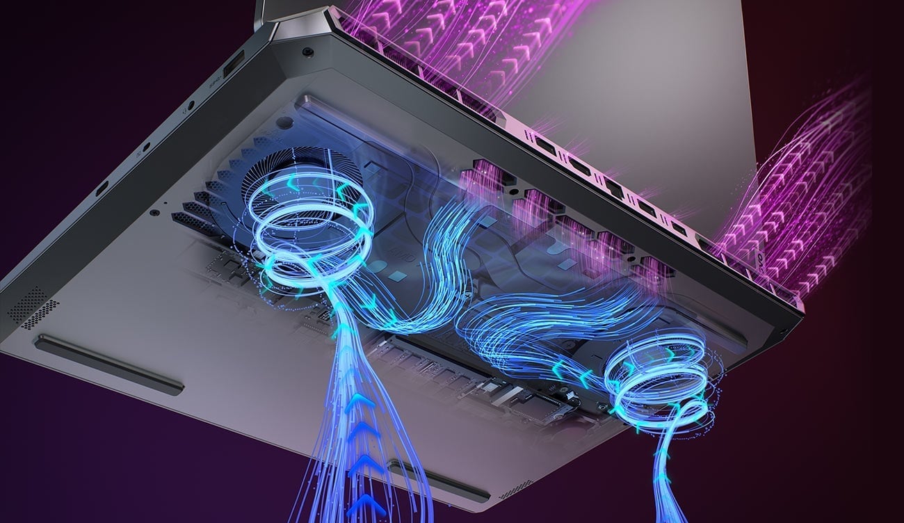 Laptop LOQ 15ARP9 pokazany od spodu, wizualizacja prezentuje technologię chłodzenia i przepływ powietrza 