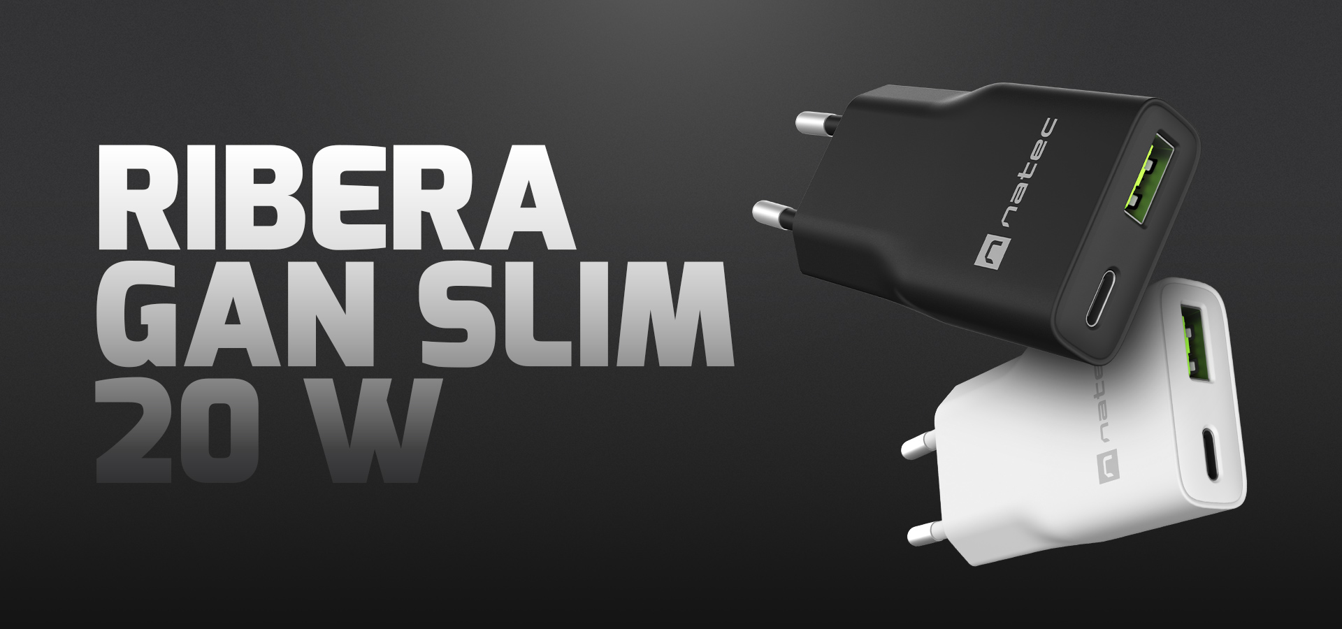 Czarne i białe ładowarki ścienne z dwoma rodzajami portów do ładowania urządzeń.