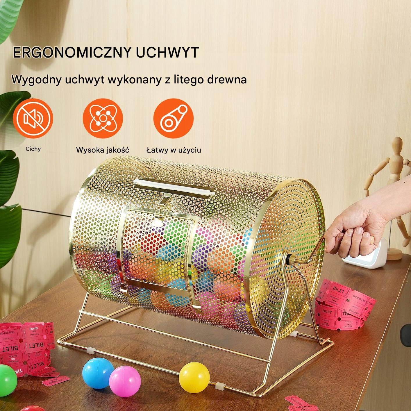 Wygodny drewniany uchwyt – Płynne obracanie losów