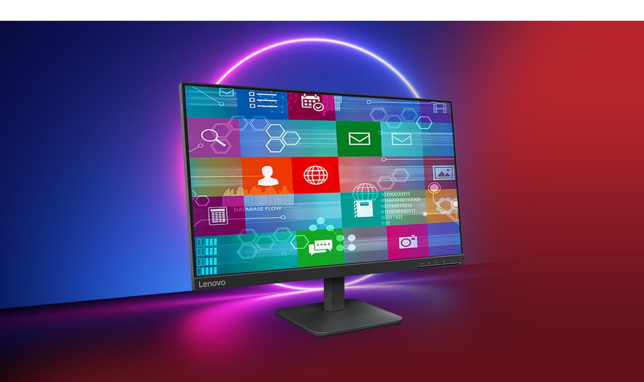 23,8-calowy monitor Lenovo L24-4e z kolorową tapetą na ekranie, w tle kolorowe smugi światła