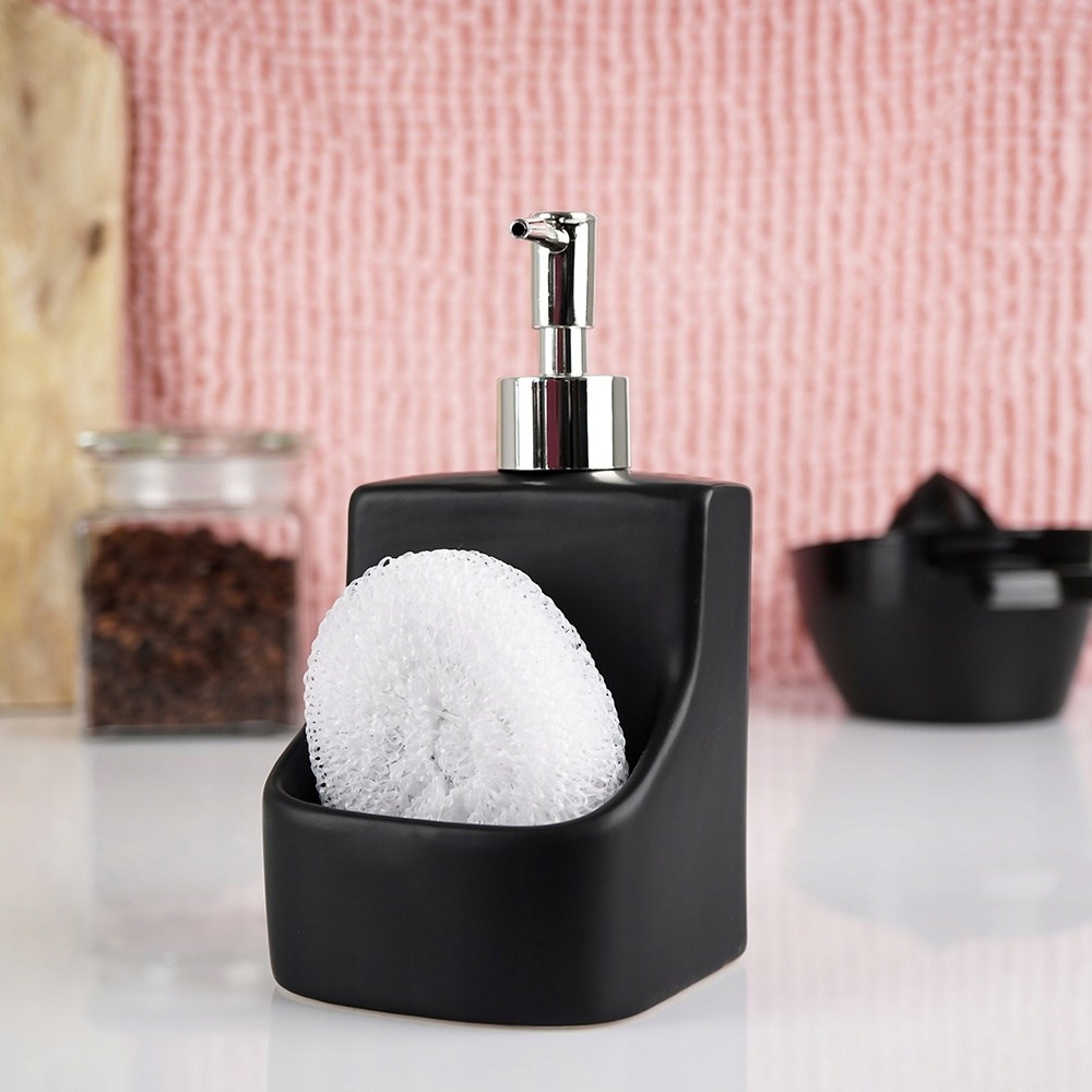 Dozownik płynu do naczyń z pojemnikiem na gąbkę ceramiczny czarny 400 ml – Elegancja i funkcjonalność w Twojej kuchni