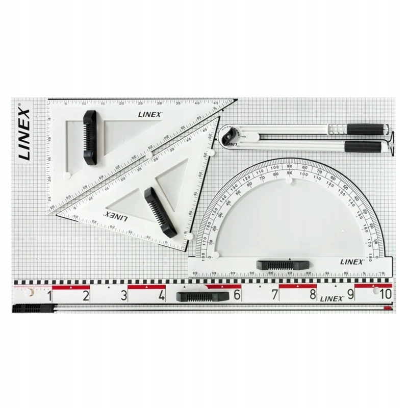 Zawartość zestawu: linijka, kąt, cyrkiel