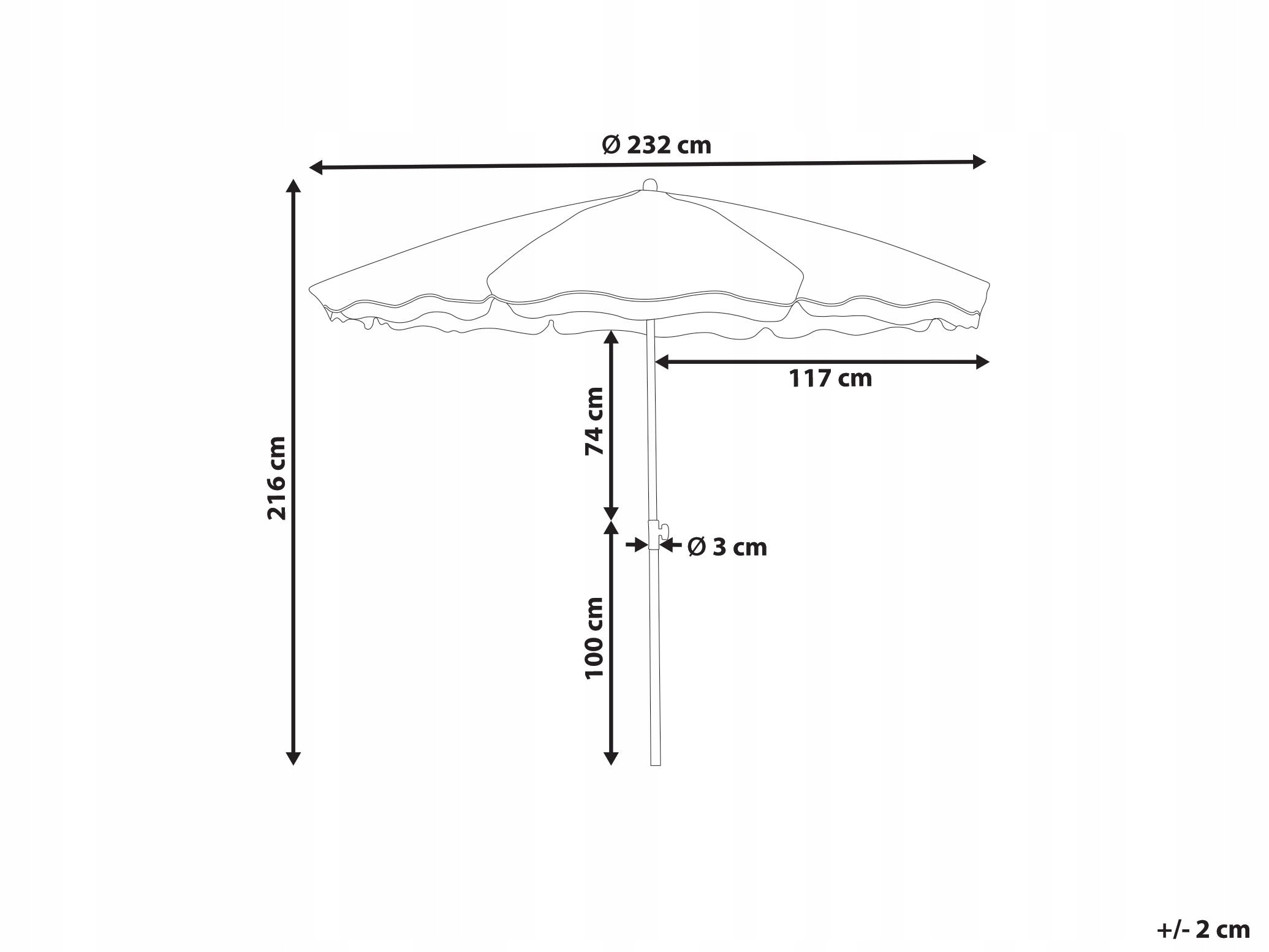 Wymiary i kształt – Okrągły parasol o średnicy 232 cm