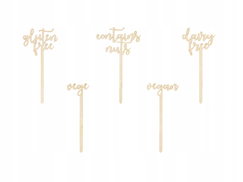 Zestaw 5 topperów z napisami: Vege, Vegan, Bez nabiału, Zawiera orzechy, Bez glutenu