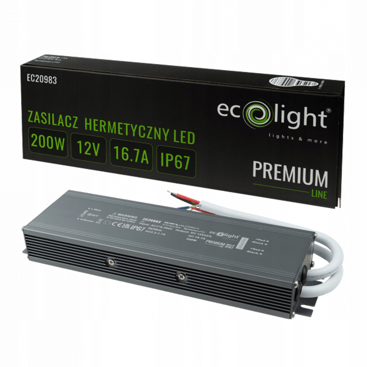 Zasilacz LED hermetyczny 200W 12V IP67 PREMIUM Eco* Light EC20983 – Niezawodne zasilanie do wymagających zastosowań