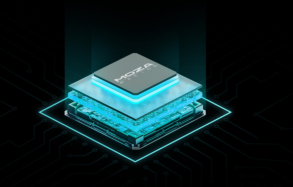 Wizualizacja procesora MOZA RACING na czarnym tle.