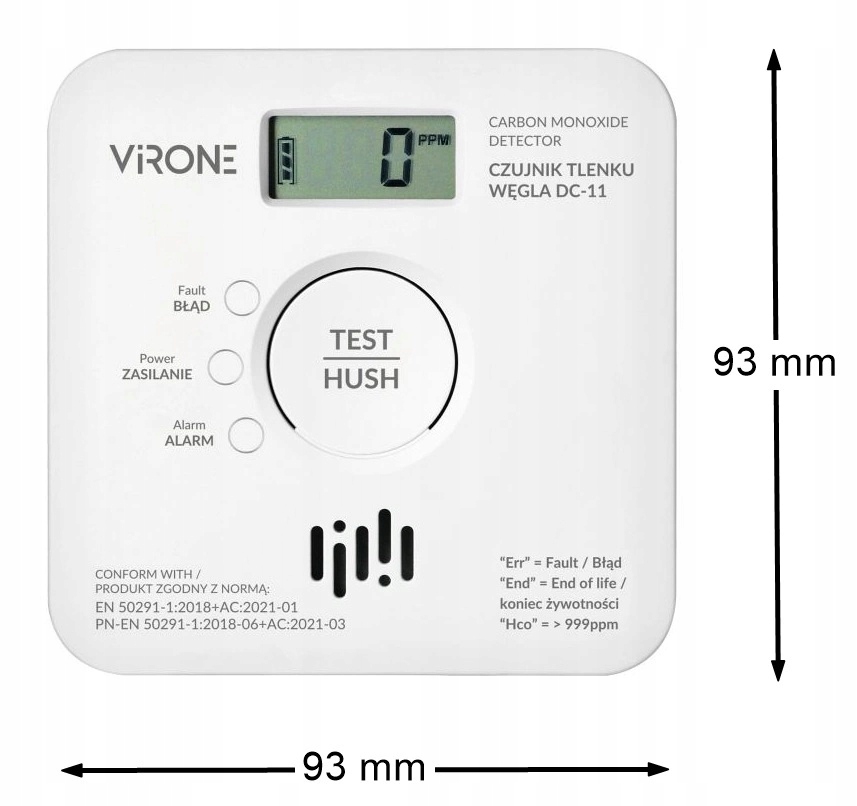 Wymiary i specyfikacja techniczna czujnika tlenku węgla DC-11