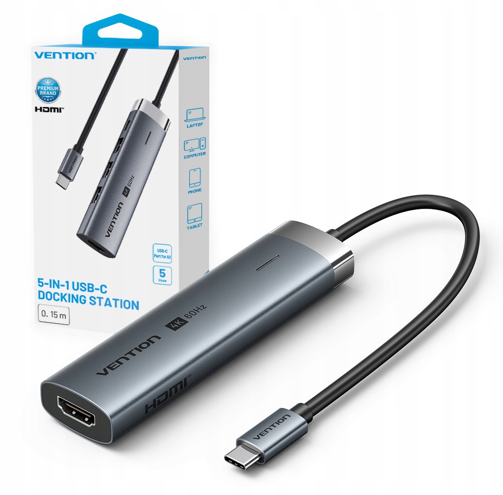 Stacja dokująca Vention 5w1 USB-C 100W PD 5Gbps 4K@60Hz – Wydajność i wszechstronność w jednym