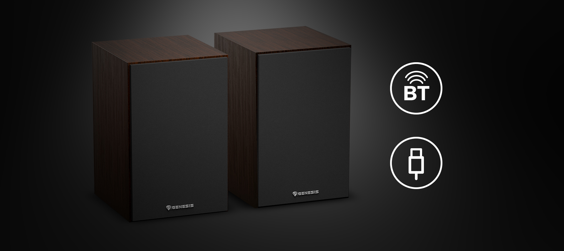 Brązowe głośniki Genesis Arsen 302BT 2.0 z opcją łączności bezprzewodowej Bluetooth i przewodowej, charakteryzujące się eleganckim wzornictwem.