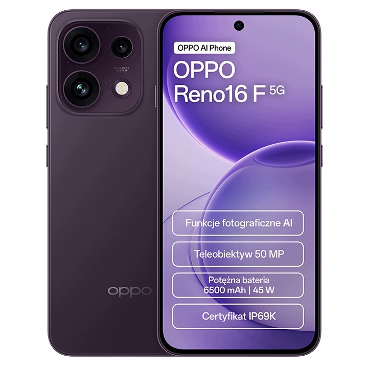 Smartfon OPPO Reno 16 F 5G 8/256GB Ciemnofioletowy – Nowoczesna technologia w Twojej dłoni