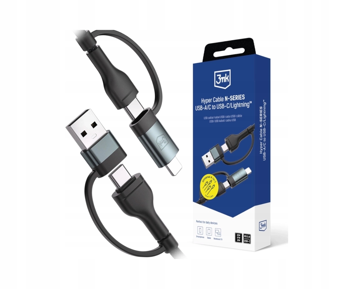 Kabel 3MK Hyper Cable N-SERIES USB-A + USB-C do USB-C + Lightning 1.2 m – Uniwersalność w Twojej kieszeni
