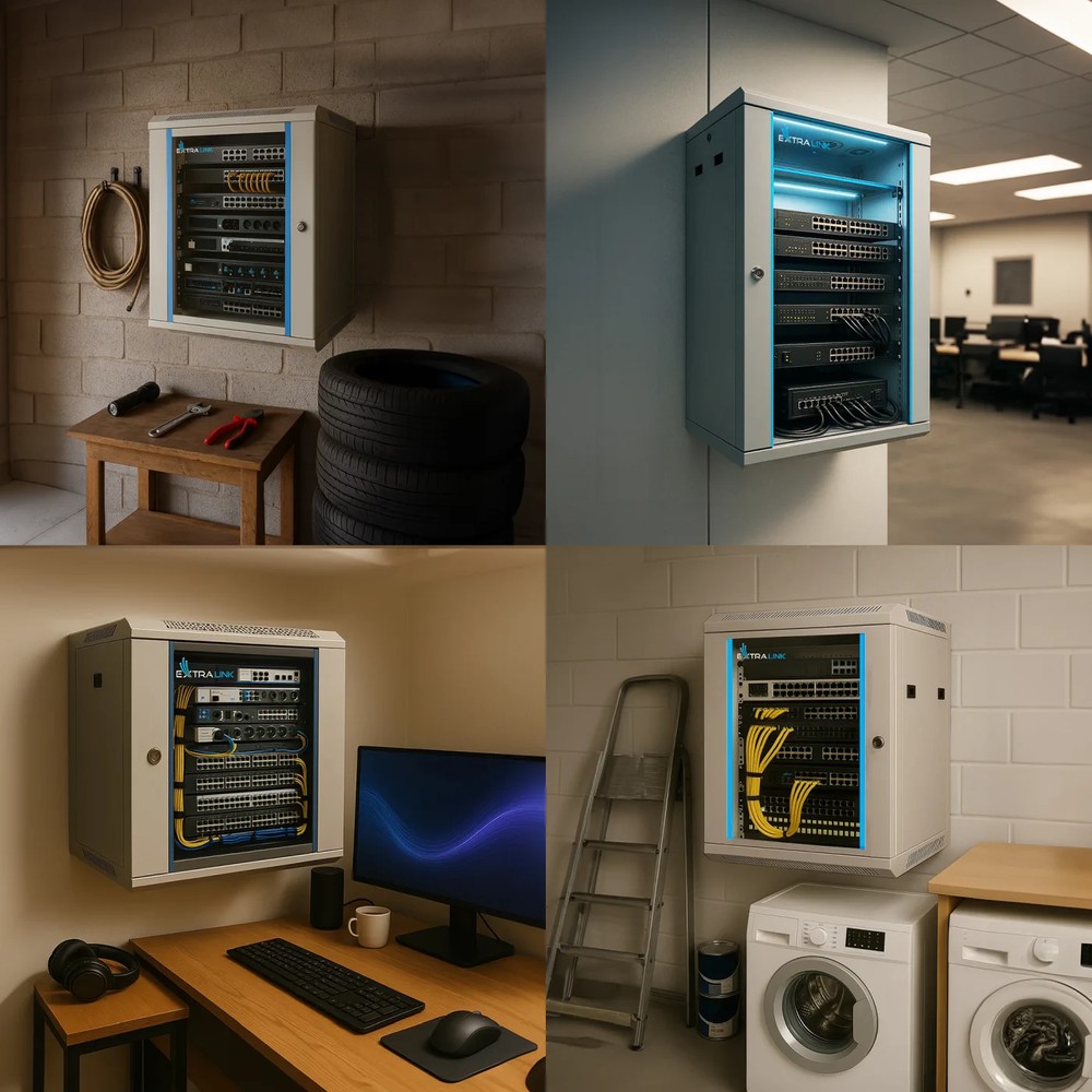 Porównanie nieuporządkowanego okablowania z lewej i uporządkowanej sieci w białej szafie rack Extralink 9U z prawej