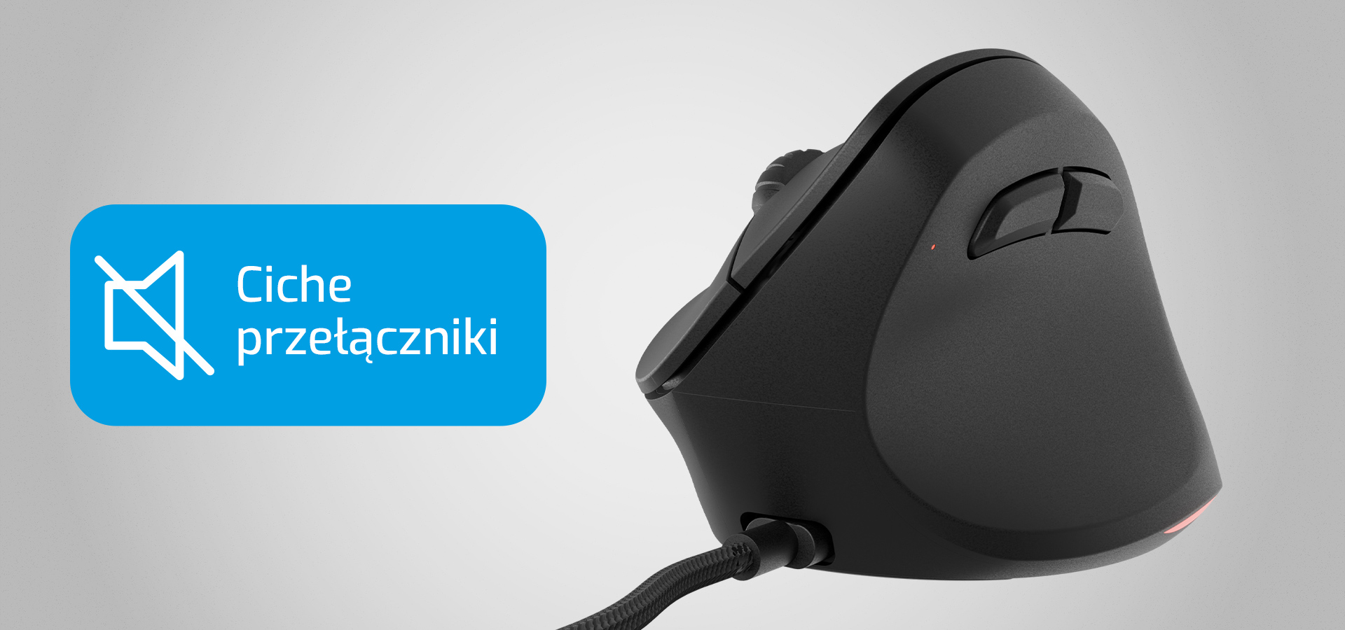 Mysz Natec Crake pokazana od frontu, po lewej napis z piktogramem: 