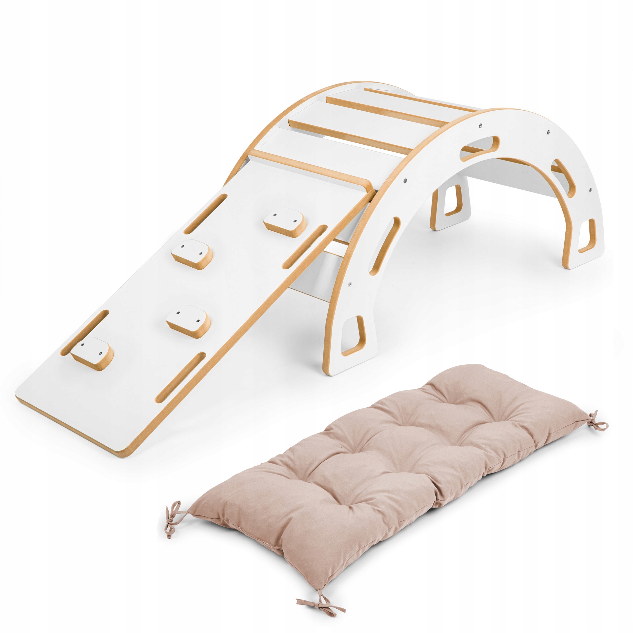 Bujak Montessori M biały + zjeżdżalnia ze ścianką + poduszka beżowa – Idealny zestaw do zabawy i rozwoju
