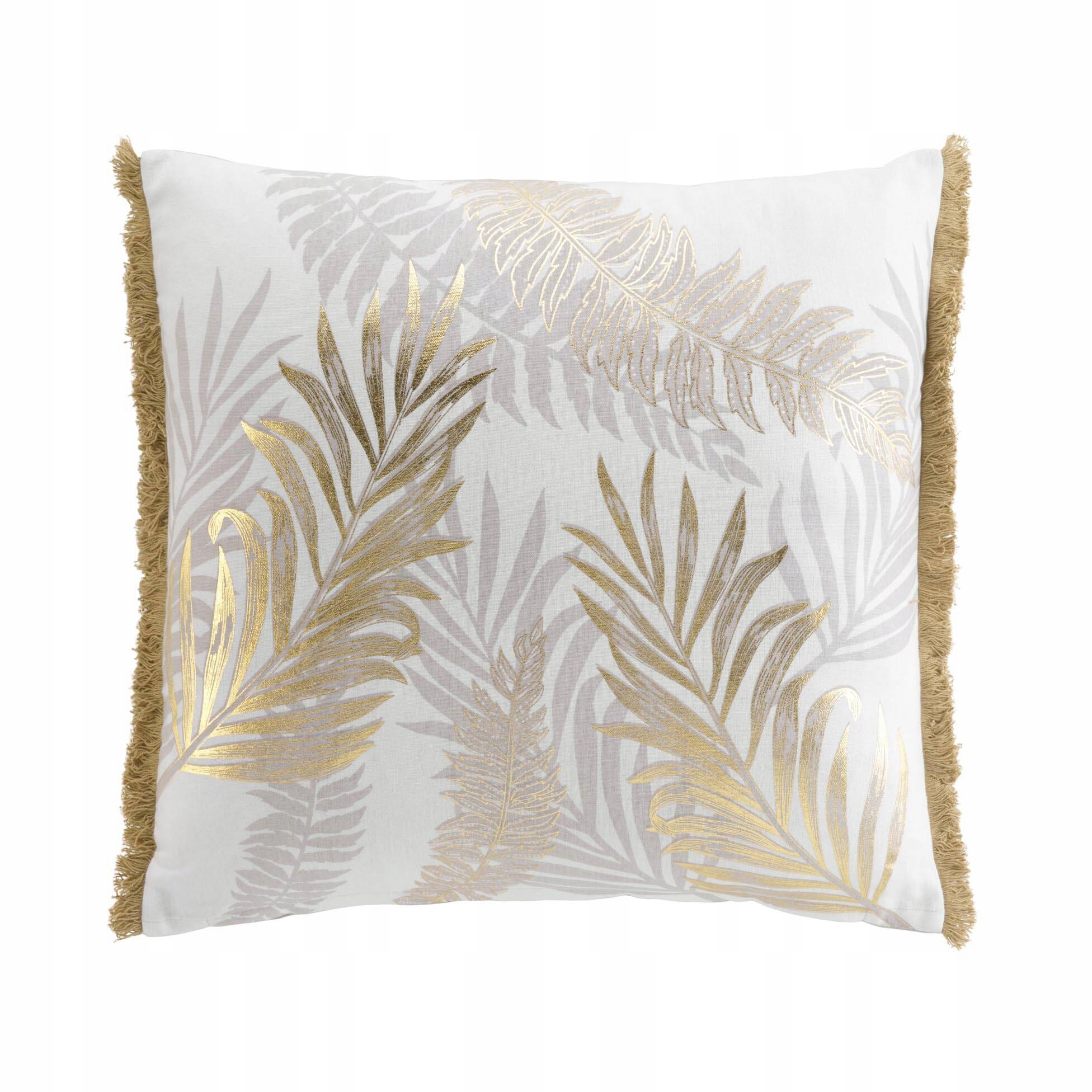 Ozdobna poduszka ze złotym wzorem i frędzlami, 50 x 50 cm – Elegancja w Twoim wnętrzu