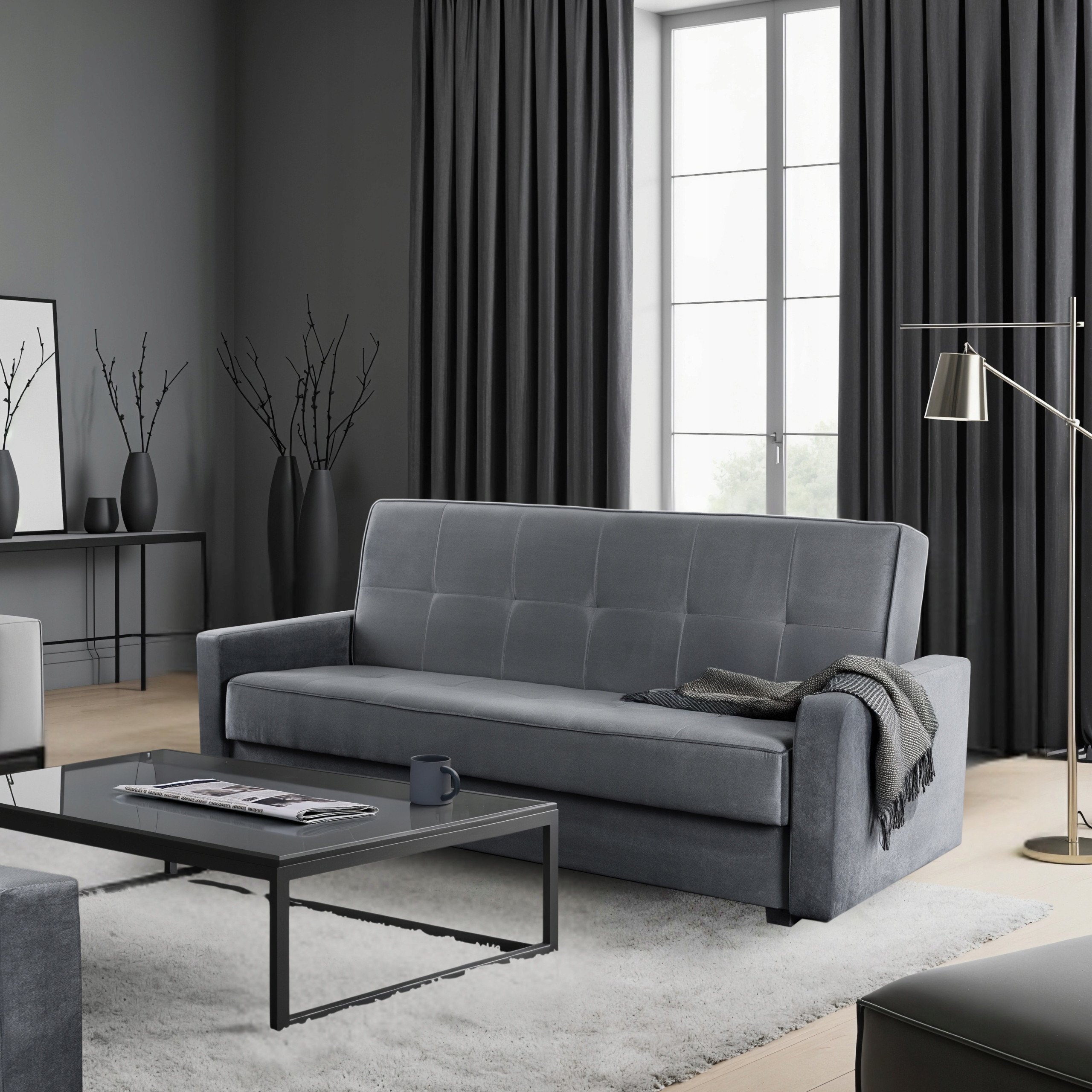 Sofa Kanapa Rozkładana z Funkcją Spania Wersalka Dwuosobowa Szara ALUNA – Komfort i styl w Twoim wnętrzu