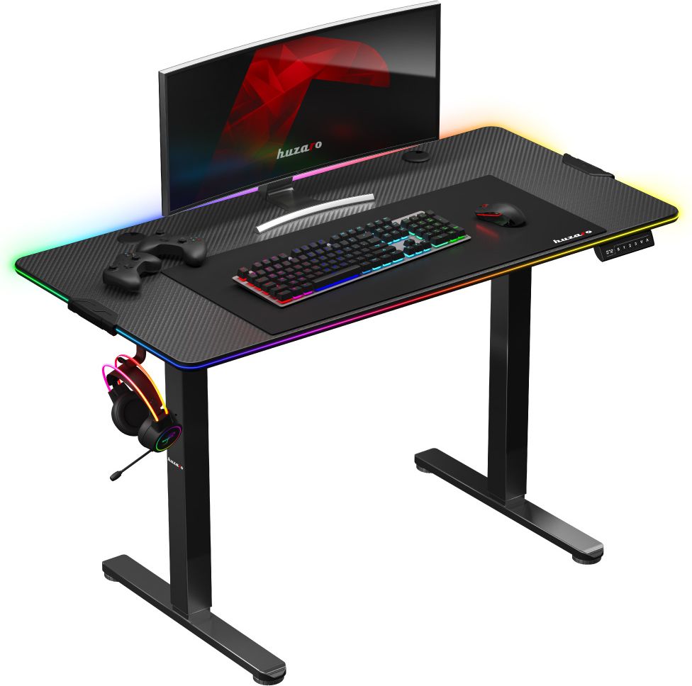 Elektryczne biurko gamingowe Huzaro Hero 8.2 RGB z peryferiami komputerowymi na blacie