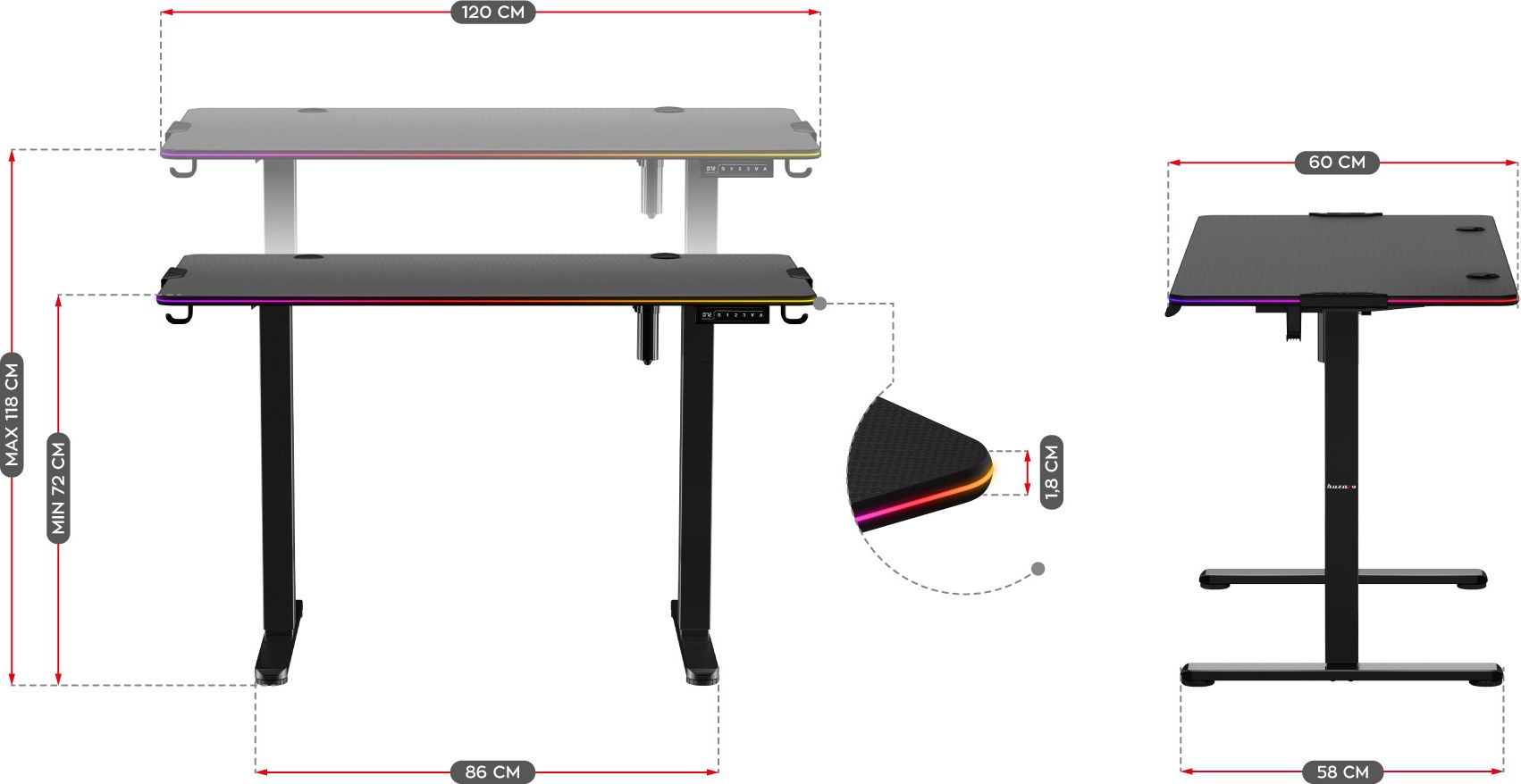 Wymiary biurka elektrycznego Huzaro Hero 8.2 RGB