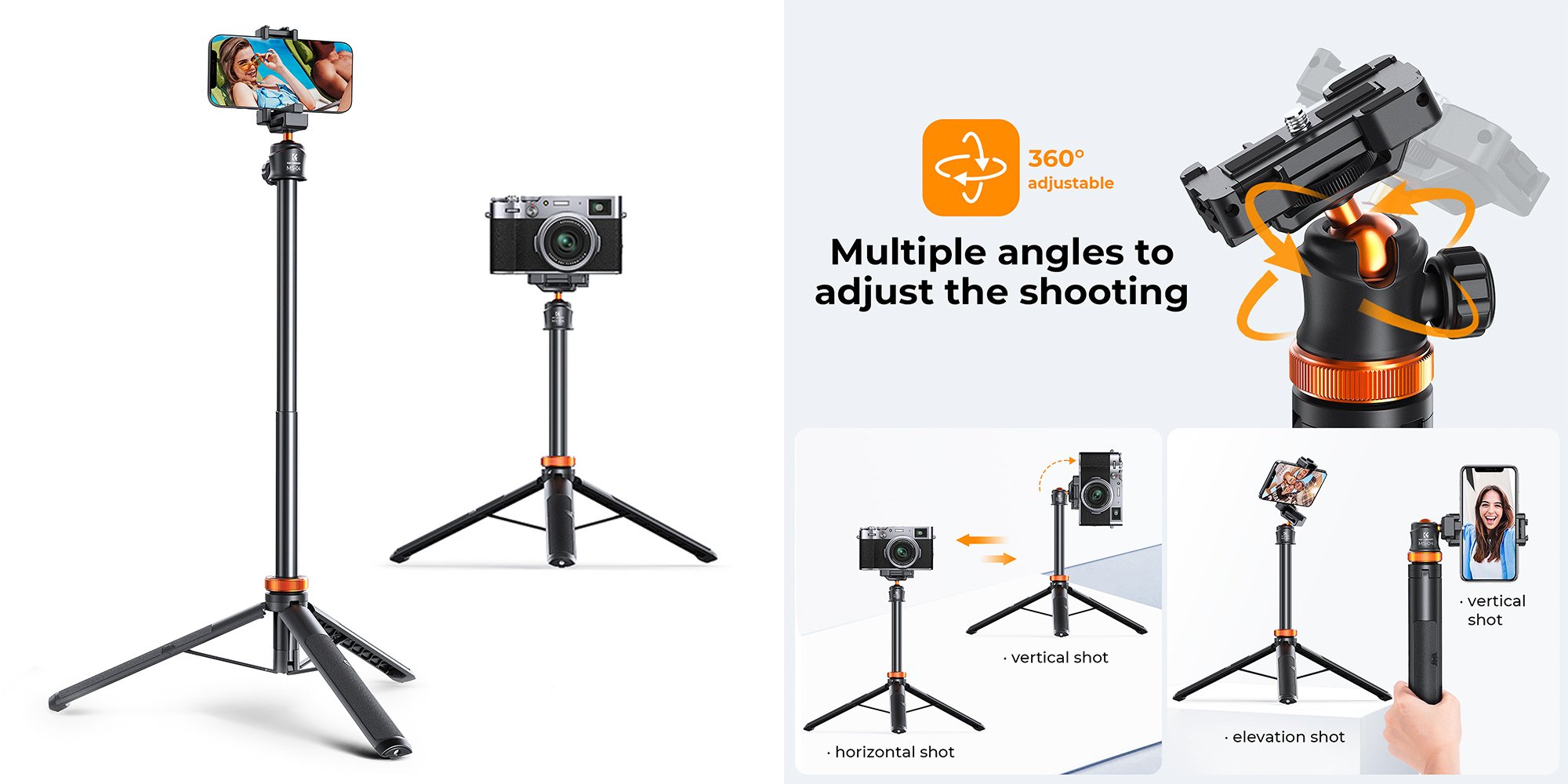 Statyw K&F Concept 2w1 Selfie z uchwytem do telefonu - Uniwersalny gwint 1/4