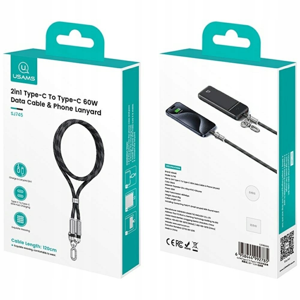 Smycz do telefonu z kablem do ładowania Usams SJ745 60W USB-C do USB-C 1.2m – Funkcjonalność i styl w jednym